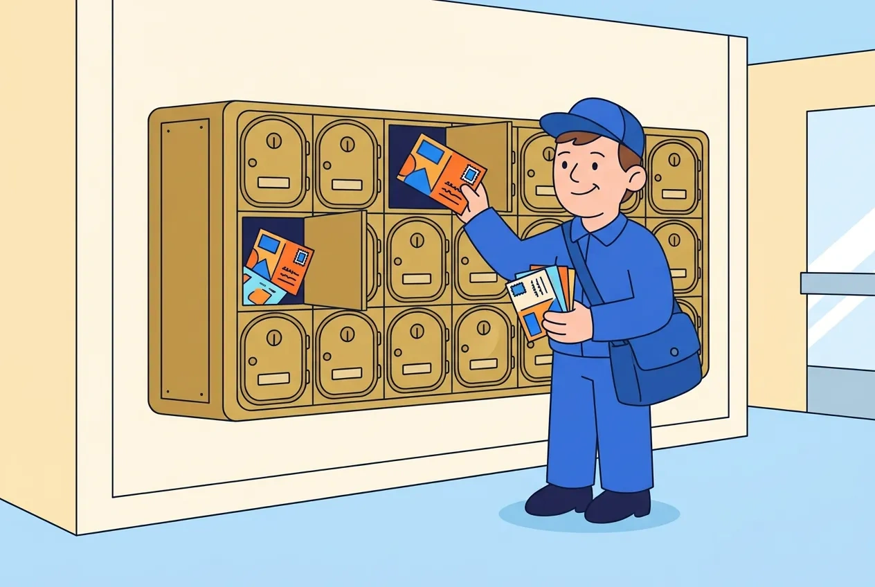 Cartoon mail carrier filling a wall of apartment mailboxes with bright postcards