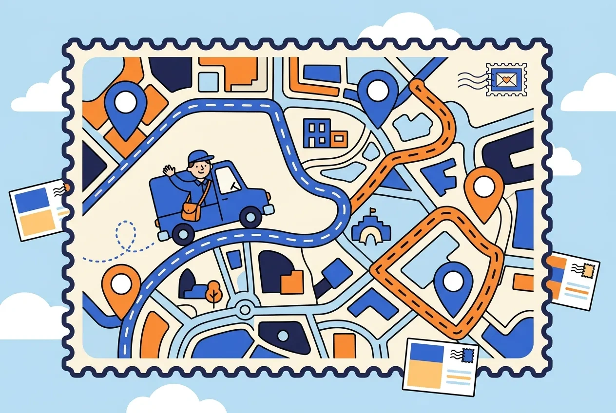 Cartoon city map with carrier routes highlighted and a mail truck driving one of them