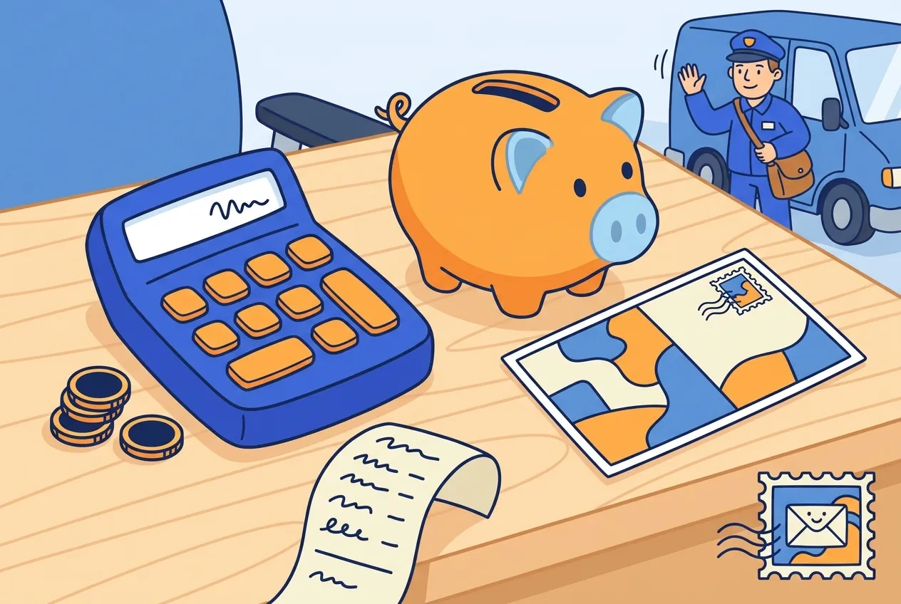 Cartoon calculator, coins, a piggy bank and a postcard on a desk