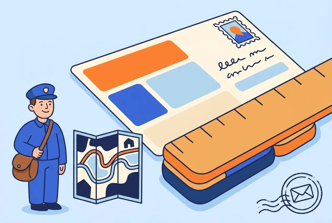 Cartoon oversized postcard being measured with a ruler beside a carrier satchel and a route map
