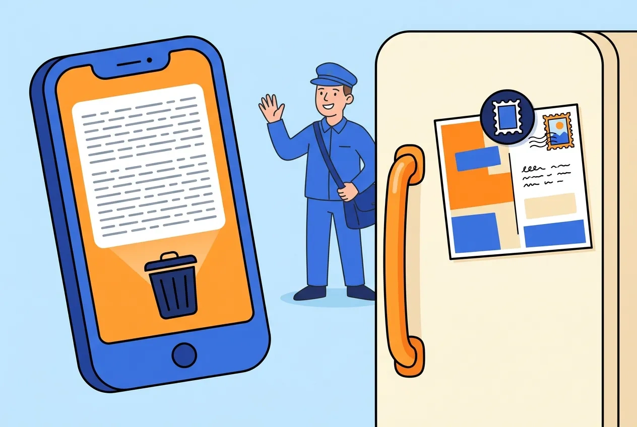 Cartoon phone with a crowded inbox beside a postcard pinned to a refrigerator with a magnet