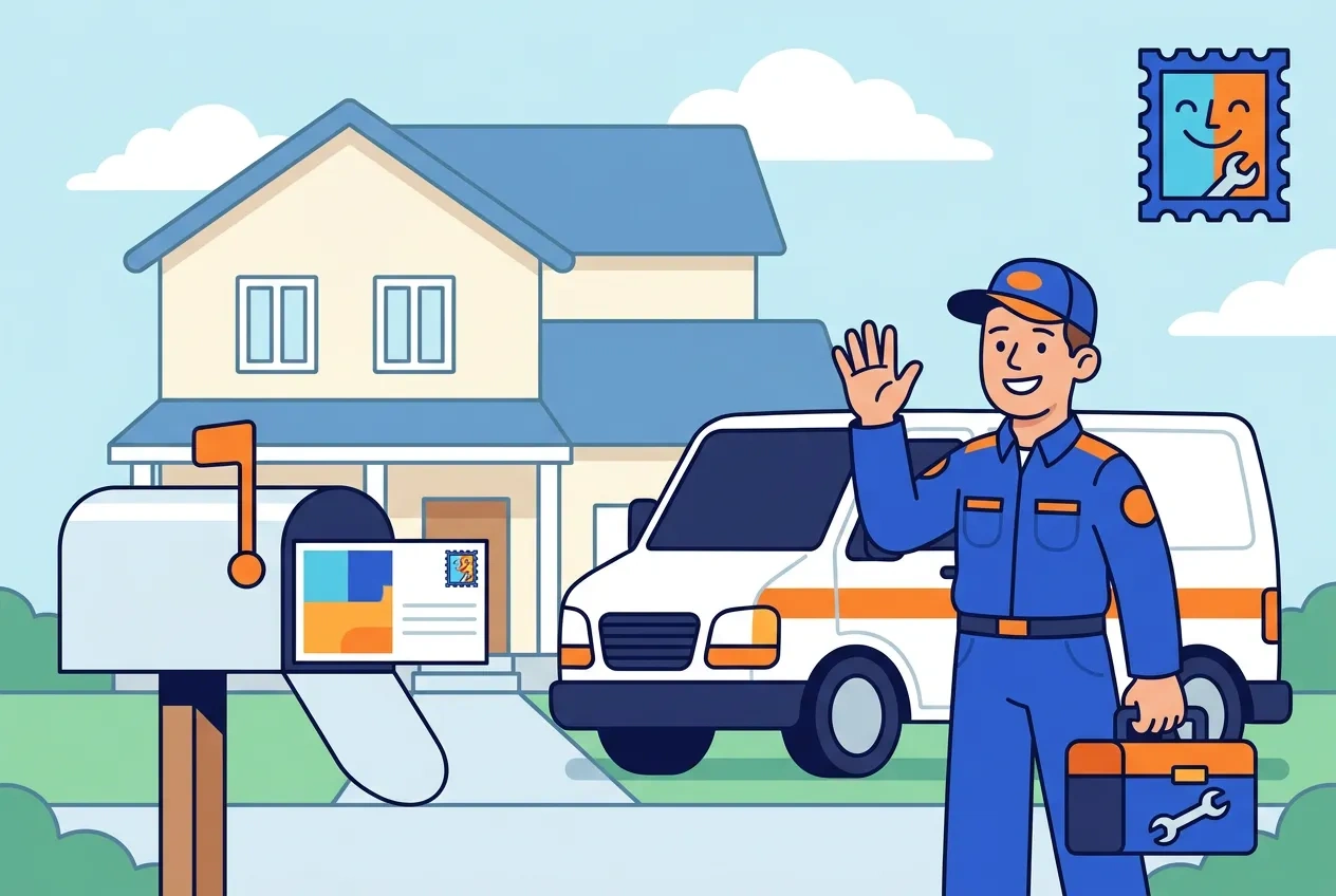 Cartoon HVAC technician beside a service van with a postcard in the home's mailbox