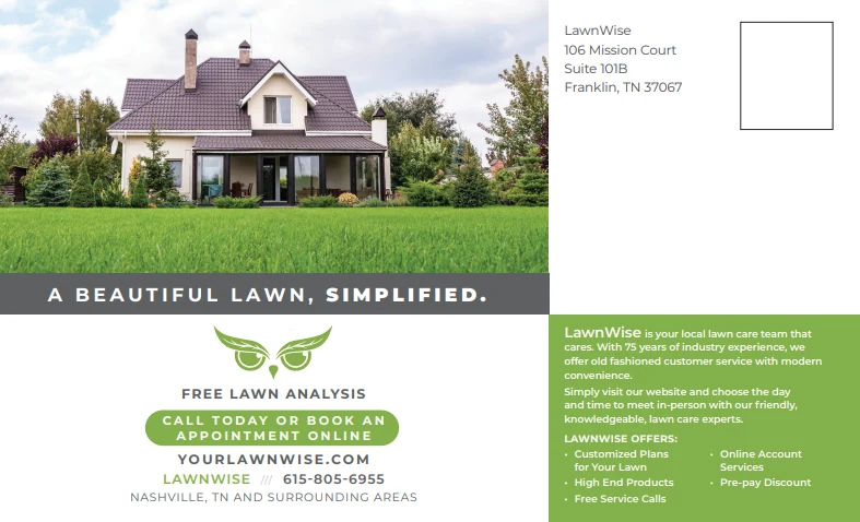 Address side of the LawnWise postcard: a house photo, a free lawn analysis offer, the services list and the address block