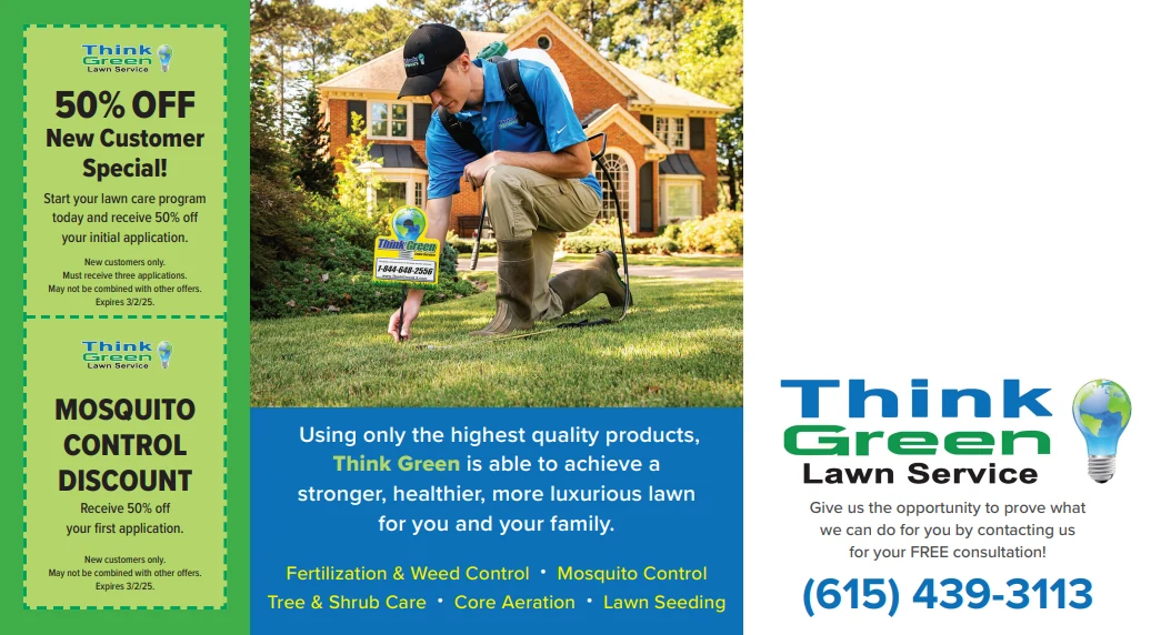 Think Green Lawn Service 6×11 postcard with two coupons, a technician treating a lawn and the services offered